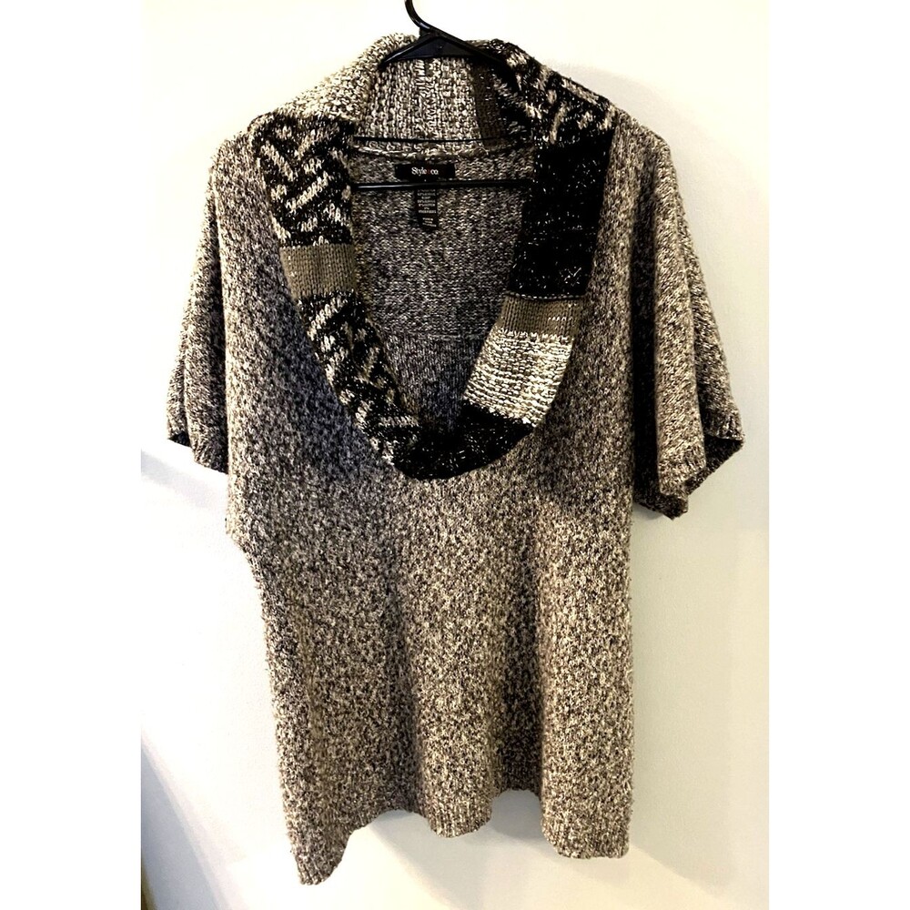 Style & Co Women's Gray/Black Combo Short Sleeve Tunic Sweater Size:  L